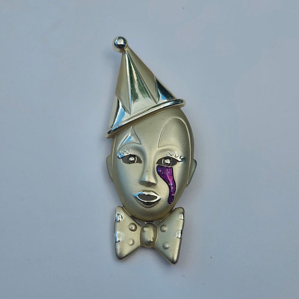 Gold Tone Pierrot Clown Face Brooch Purple Teardrop Enamel Jester Pin Retro 3in